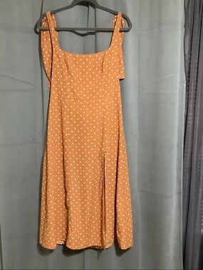 Polka Dot Midi Dress in Rust Orange with Square Neck